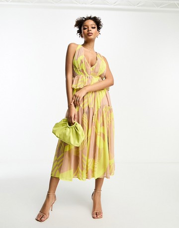 ASOS DESIGN plunge pleated tiered midi dress in abstract print-Multi