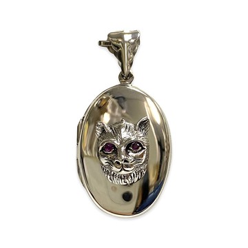 維多利亞風格貓頭橢圓形小盒墜子配紅寶石 925 純銀