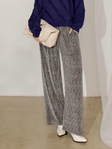 質感閃亮鬆緊腰寬版長褲