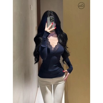 【Nico】【螺紋德絨】蕾絲拼接德絨內搭保暖打底衫T恤修身上衣