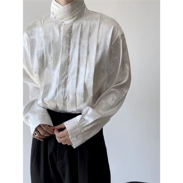 秋季改良中式緞面提花復古長袖襯衣男珍珠扣立領上衣小眾中性襯衫