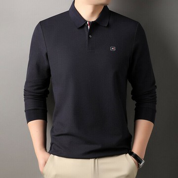 秋冬新款翻領長袖純棉POLO衫中青年男裝寬松純色T恤衫休閑上衣鑫弘-衣錦男裝