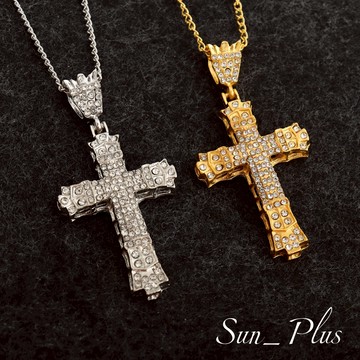 Sun_Plus 台灣現貨 雲錦R款 古巴鏈 十字架項鍊 歐美嘻哈滿鑽復古鏤空 十字架吊墜項鍊 吊墜 項鍊 飾品