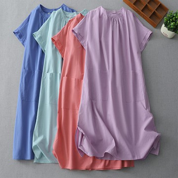 ＊ORead＊日系圓領短袖棉麻長袍連身裙(4色M~2XL)【限定加碼✿全館滿額再折】