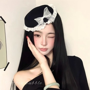 白色蝴蝶結花邊頭飾 黑色小禮帽髮夾髮飾 千金jk頭飾 貝雷帽可愛圓頂帽子頭飾