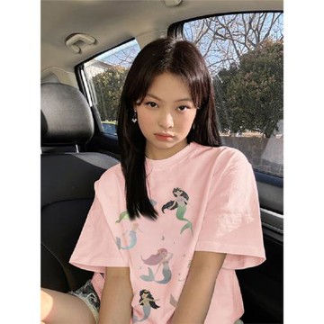 純棉美式粉色正肩短袖t恤女2025新款設計感小眾美人魚半袖上衣夏