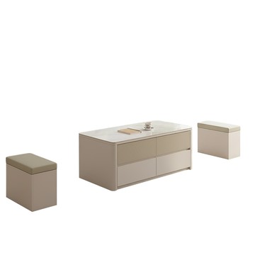 直人木業-MIREN柔霧奶油風亮面白陶板四邊導圓茶几121公分(附兩張椅凳)