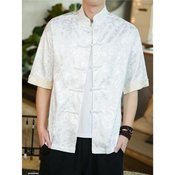 夏季薄款冰絲短袖襯衫外套男士中國風大碼盤扣唐裝襯衣上衣服潮牌