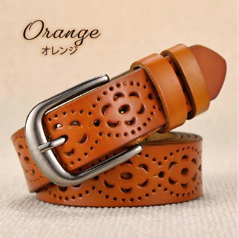 【美品】オレンジ レザー ベルト 装飾バックル ベルト レディース ジーンズ 本革 太い 太め 革 おしゃれ 人気