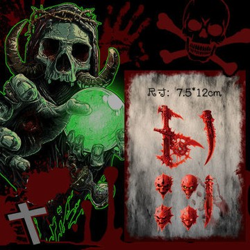 【台灣有貨】實拍 萬聖節紋身貼 仿真恐怖流血假傷口骷髏鐮刀傷疤 派對酒吧妝容臉貼
