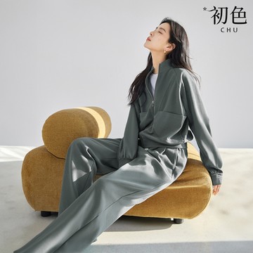初色 前口袋拉鍊立領長袖運動外套女外套+純色抽繩休閒褲寬褲長褲套裝-共2色-37813(M-2XL可選)