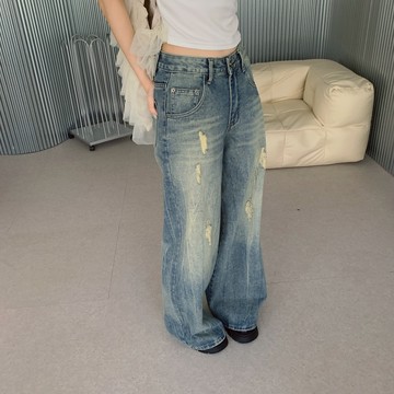 ISA_朋克女孩 叛逆破壞感造型刷色牛仔寬褲_52005