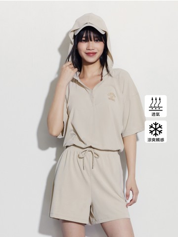 女裝 Logo抽繩連帽短袖連身短褲-米色