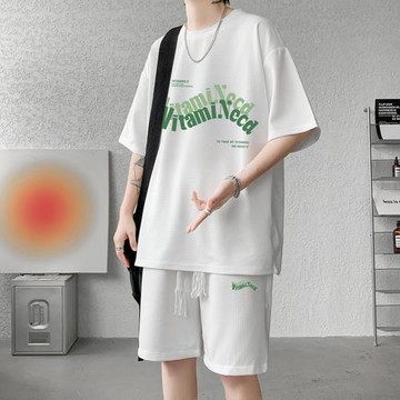 短袖t恤男夏季華夫格套裝ins港風潮流寬松半袖體恤休閑男裝兩件套