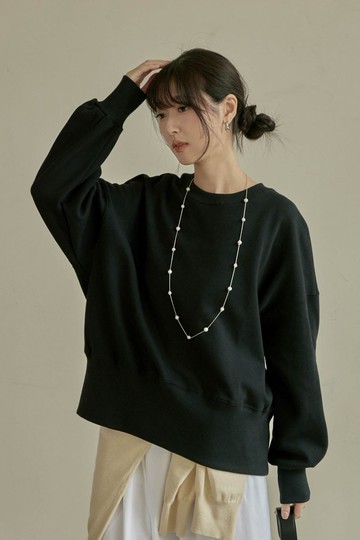 率性下擺寬羅紋上衣(黑)