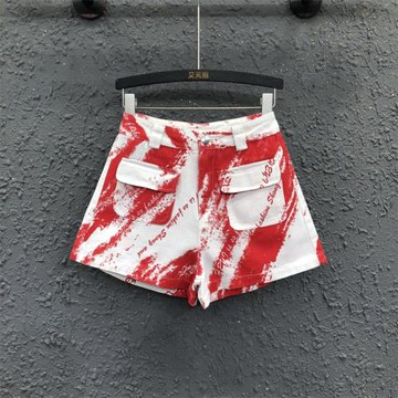 夏季新款扎染印花設計口袋工裝闊腿褲女時尚高腰顯瘦牛仔短褲熱褲
