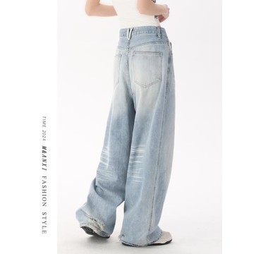 美式復古淺藍色闊腿牛仔褲女2025新款高腰寬松垂感磨白直筒拖地褲