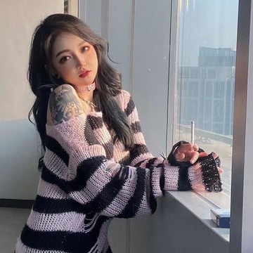 條紋中長款女士新款春秋季寬松外穿打底衫軟糯毛衣秋冬上衣破洞