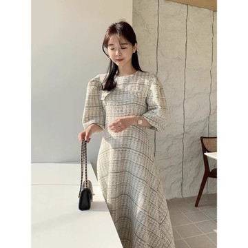 韓國chic秋季氣質小香風圓領編織撞色高腰顯瘦泡泡袖連衣裙長裙女