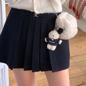 【現貨出清】優雅純色毛呢壓褶金屬釦飾A字短裙．白鳥麗子