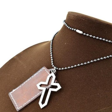 D2033 串珠項鍊 垂墜式 十字架墜 真皮吊牌 長項鏈65公分 中空十字 個性款配鏈條 人造皮