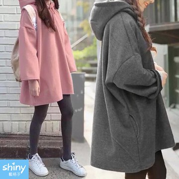 簡單樸實‧純色中長款連帽長袖上衣shiny藍格子【V2191】