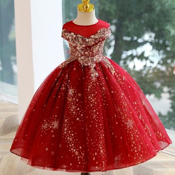紅色禮服女童高端公主裙兒童主持人小花童婚禮鋼琴演奏演出服秋季