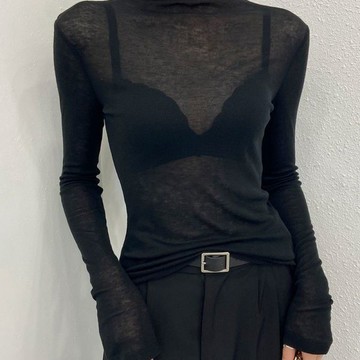 打底衫 內搭衣 高領 保暖 韓版 純慾高領麵膜打底衫女內搭洋氣薄款微透T恤時尚堆堆領針織衫 GZ97