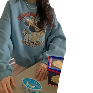 美式oversize圓領卡通衛衣女秋冬新款寬松休閑設計感小眾加絨上衣