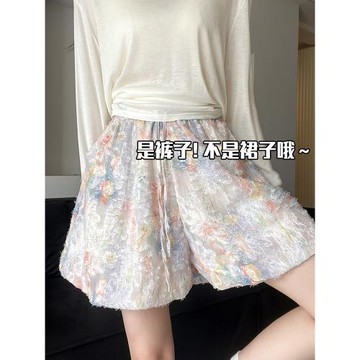 碎花蕾絲花苞短褲女夏季新款裙褲高腰顯瘦休閑褲莫奈花園五分褲子