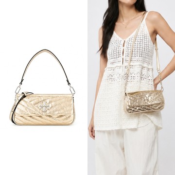 TORY BURCH KIRA 雙T字LOGO斜紋衍縫肩/斜兩用包-金色