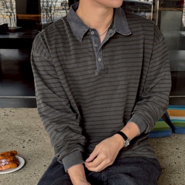 【Metanoia】🇰🇷韓製 水洗翻領條紋長袖上衣T恤