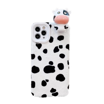 新上架-蘋果12手機殼發光聲響毛絨趴趴奶牛適用X鏡頭保護套8plus女XR毛茸茸mini軟7閨蜜SE潮X