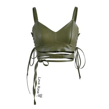 女士v領短款高腰修身綠PU皮裹胸抹胸上衣 露臍外穿魚骨吊帶背心