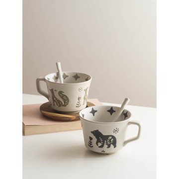 泥可爾 狐貍與玫瑰手繪馬克杯子中古設計感大容量咖啡杯陶瓷套裝