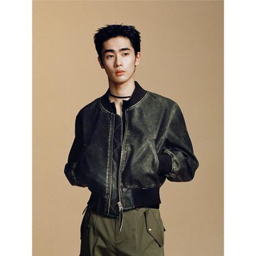 OPICLOTH(OPIC) 復古洗水做舊雙拉鏈Bomber皮質短款飛行夾克外套