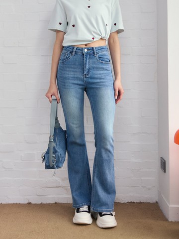 顯瘦刷色牛仔喇叭長褲-藍色