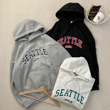 【MasCool】 SEATTLE刺繡帽T 口袋帽踢 絨毛內裡 男女同款 連帽衛衣 帽Tee 寬鬆 長袖上衣 長袖