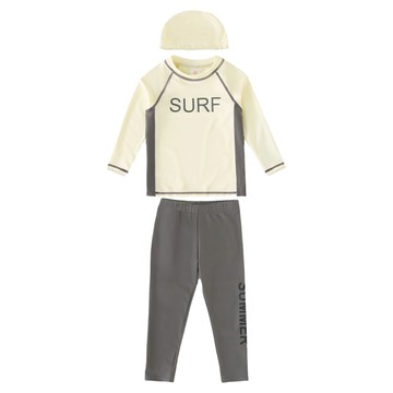 兄妹長袖防曬泳衣組 長袖上衣 + 泳褲 + 泳帽  L  米色 + 灰黑色