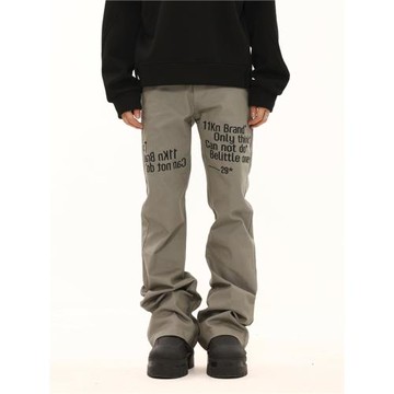 BTSG美式復古小眾設計標語刺繡堆疊感休閑褲Cleanfit直筒微喇長褲