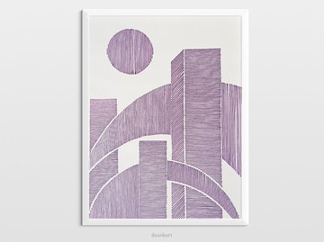 原始線描藝術品獨特的抽象紫色城市景觀藝術現代海報