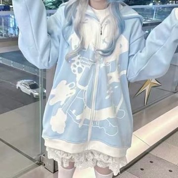 【台灣有貨】實拍 水色量產系受傷小貓海軍領拉鏈開衫外套女夏季新款醫療系寬鬆上衣