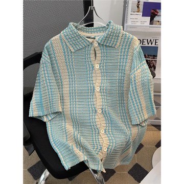 復古撞色條紋開衫短袖襯衫男夏季潮流ins寬松翻領休閑針織衫薄款