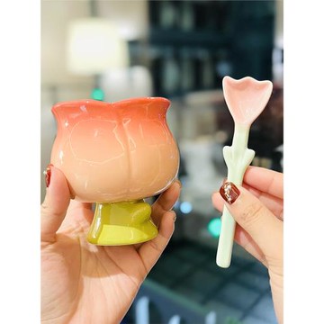 高顏值郁金香桃桃陶瓷水杯帶勺可愛女生雪糕冰淇淋甜品高腳馬克杯