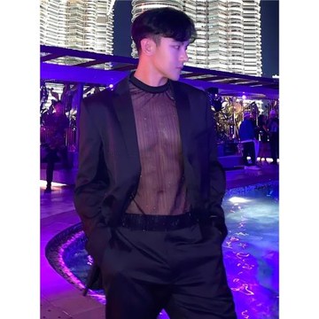 歐美男裝性感男士T恤網紗薄款透明時尚夜店派對打底衫閃亮短袖潮