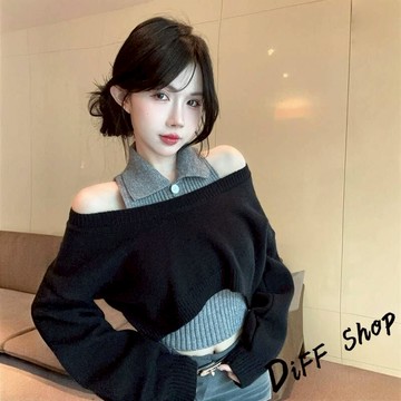 韓系氣質一字領兩件式針織上衣【W524】