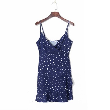 秋季女裝韓版撞色波點性感深V領一片式高腰系帶顯瘦吊帶裙