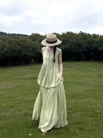 青綠 / 寬鬆肌理感背心 / 半裙套裝