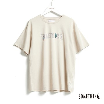 SOMETHING 女裝 牛仔LOGO短袖T恤-淺卡其