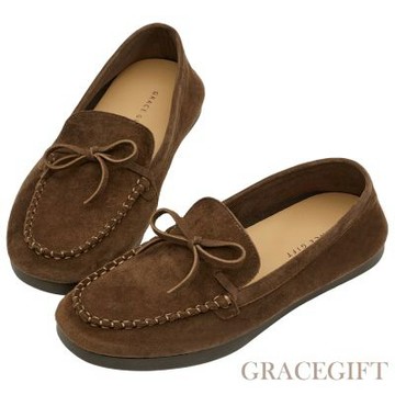 【Grace Gift】舒適輕柔手工真皮蝴蝶結平底莫卡辛鞋 咖